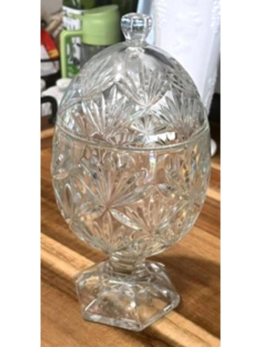 Vintage Cut glass Egg shaped Candy Dish with Lid & hexagonal Foot
